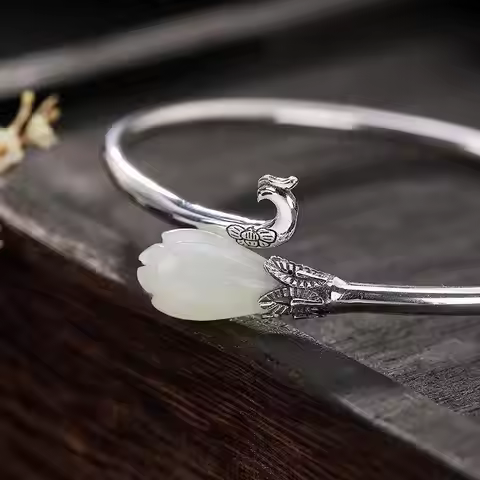 Original S925 Sterling Silver Antique Hetian Jade White Jade Magnolia Ancient Style Fresh Phoenix Fe