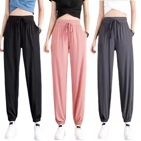 Hot Women's Wide Leg Pants Ice Silk Sweatpants Loose Bunched Feet Loose Leggings Thin Casual Sanitar