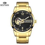 ®【Hot selling】 Automatic Mechanical Watch Gold Wrist Watch Hollow Mens Watch Bestwin Waterproof Mens