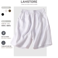 LAHSTORE linen wide-leg shorts, pleated pockets, elastic waist QS06 (White, Beige, Black, Brown)