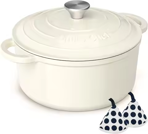 Enameled Cast Iron Dutch Oven - 5QT Pot with Lid & Cotton Potholders - Heavy-Duty Cookware for Bread