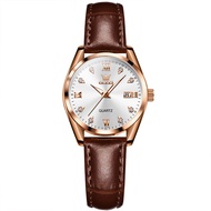 OLEVS 5522 Quartz Simple Women Watch Gift Round-dial Leather Watchband Wristwatch Calendar Luminous