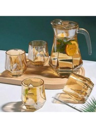 1套琥珀色六角玻璃茶具套裝,包含1個水壺和6個杯子適用於飲冷水,家用