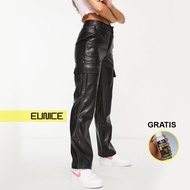 Eunice Long Leather Cargo Pants Wanita - Black