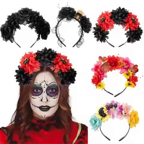 Day of The Dead Halloween Rose Flower Headband Black Veil Wedding Mexican Rose Flower Crown Headband