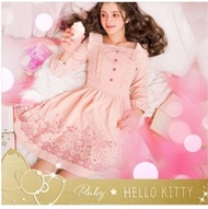 絕版Hello Kitty x Ruby's 露比午茶聯名款 - 可愛甜美蝴蝶結荷葉後交叉印花長袖洋裝。粉色M碼