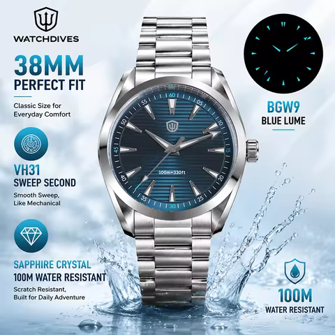 Watchdives WD0006 Watch VH31 Sweep Second Movement Domed Sapphire Crystal BGW9 Luminous 10Bar Waterp