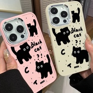 Cute Question Black Cat Phone Cases Compatible for IPhone 11 12 13 Pro 14 15 7 8 Plus SE 2020 XR X XS Max Metal Lens Protector Assembly Mirror Frame Silicone Cover Anti Drop
