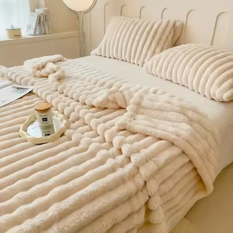 Luxurious Faux Rabbit Fur Blanket Ultra Soft Striped Plush Blanket Cozy Winter Warm Flannel Blanket 