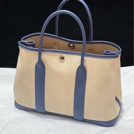 S級 98成新 Hermes garden party花園30 藍色帆布拼皮 D刻