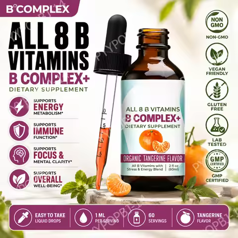 Vitamin B Complex Liquid Drops Supplement Vegan B1 B2 B3 B5 B6 Biotin Folate and Choline Plus Blend 