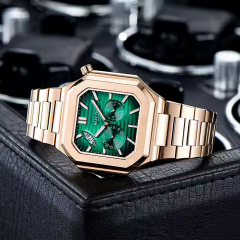Reef Tiger-Men's Automatic Mechanical Watch, Rose Gold, Green Dial, 24 Hour Display, Luminous, Water