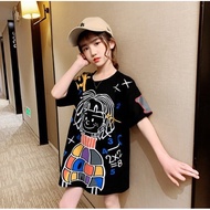 Black imported girls' fashion top doodle loose oversize