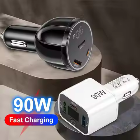 Car Charger 90W 3-in-1 QC3.0 PD Type C USB Moblie Phone Fast Charging for IPhone Xiaomi Samsung Car