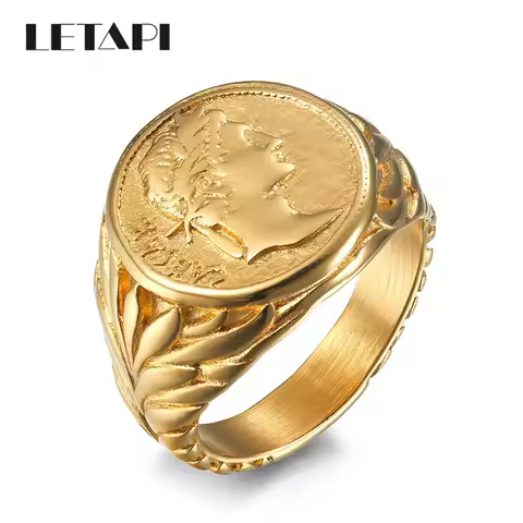 LETAPI Punk Vintage Roman Caesar Head Rings Silver Color Stainless Steel Coin Jules Caesar Ring for 