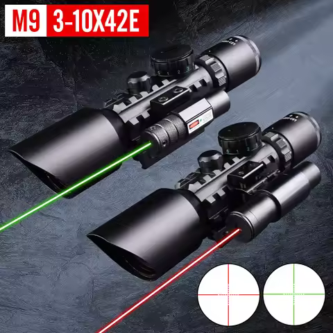 Tactical 3-10X42E RifleScope M9 W/Red/Green Lase Combo Scope Air Rifle Cros Reticle Hunting Optics S