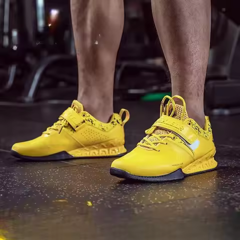 Professional Men's Weightlifting Training Shoes Large 46 Deep Squat Hard Pull Shoes Men's Yellow Bla