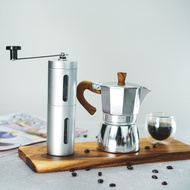 สีเงินด้ามไม้ ชุดกาต้มกาแฟ 3 คัพ +เครื่อบดเมล็ดกาแฟ พกพา (หม้อต้มกาแฟสด + เครื่องบด)