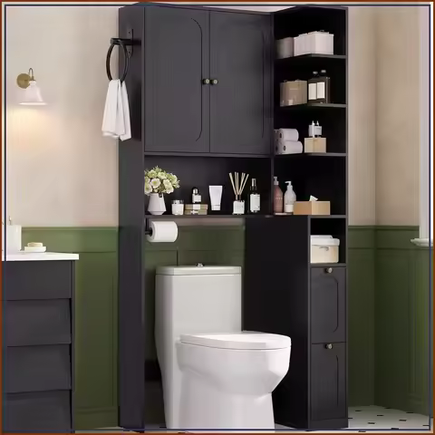 7-Tier L-Shaped Wooden Over Toilet Storage Cabinet with Doors, 2 Drawers, Black