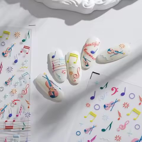 Colored Doodle Violin Music Note Design 5D Embossed Reliefs Nail Art Stickers Cute 3D Self Adhesive 