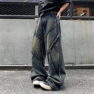 1pc Men's Distressed Patchwork Loose Fit Jeans, American Vintage High Street Style (Excluding Belt A