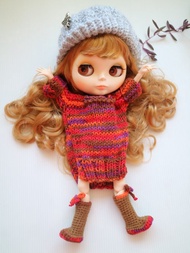 手工編織小布娃娃Blythe六分娃服飾組含毛帽長版線衫長靴小內褲