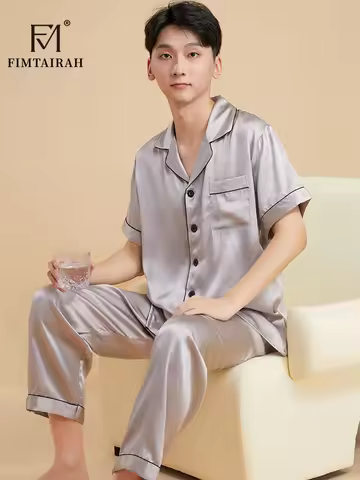 Fimtairah Real 19MMSilk 100% Mulberry Silk Pajamas Men's Hangzhou Solid Color heavy Silk Home Wear M