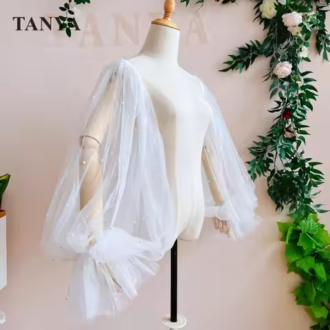 Bohemian White Tulle Long Detachable Sleeves With Pearls Wedding Puffy Ruffles Bohemian New Fashion 