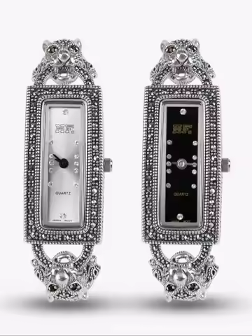 Thailand Silver Solid 925 Sterling Silver Marcasite Luxury Wrist Watches Jewelry Leopard Women's Qua