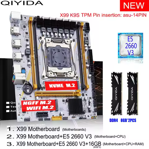 QIYIDA X99 Motherboard Set Kit With LGA2011-3 Xeon E5 2660 V3 CPU 16GB(2*8G)3200MHZ DDR4 Desktop mem