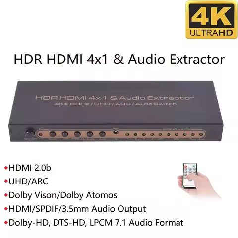 HDMI-compatible Switch 4x1 4Kx2K 60Hz SPDIF Toslink 5.1 HDMI Audio Output HDR UHD ARC 4 In 1Out HDMI