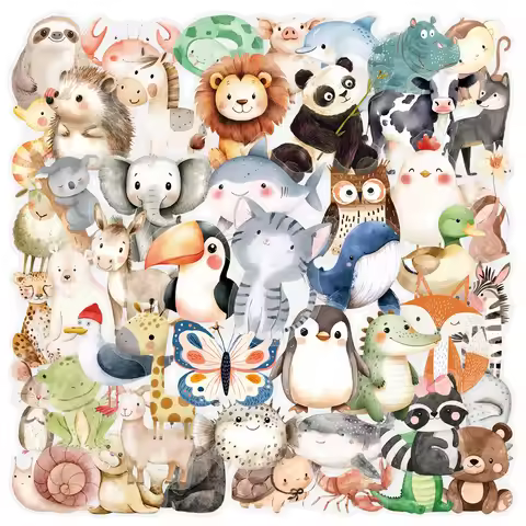 50Pcs Transparent PET Watercolor Animal Stickers DIY Luggage Skateboard Motorcycle Notebook Waterpro