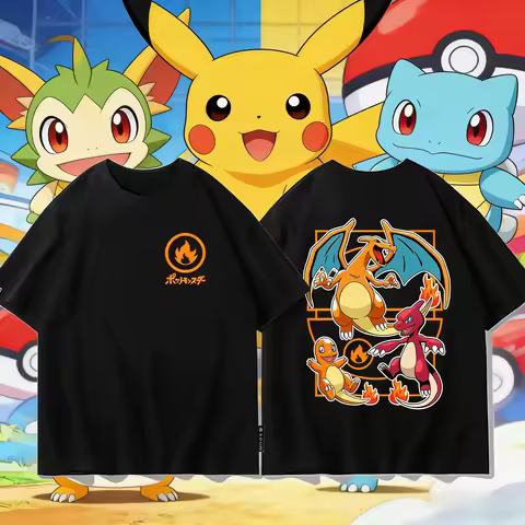 2026 Summer Pokemon Charizard Evolution Double Sided Print T-Shirt, Polyester Fabric Oversized Coupl