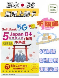 日本 真•無限上網【5日全程 5G不限速】雙網絡 Softbank+KDDI 極高速 無限數據卡 上網卡 電話卡 旅行電話咭 Data Sim咭