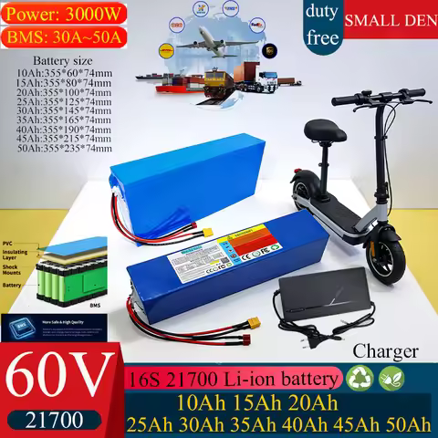 New 60V 50Ah 40Ah 30Ah 20Ah 15Ah 25Ah 35Ah 45Ah 21700 Li-ion Battery Pack 50A BMS 3000W Electric mot