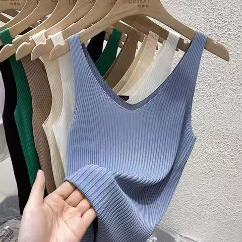2026 Fashion Women Camisole Ice Silk Knit Tank Top Slim Fit Sleeveless Base Top Solid Color V-Neck C