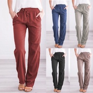 Summer Women's Cotton Linen Drawstring Loose Wide-Leg Pants Hot Sale Long Trousers With Pocket WDC4496