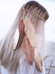 1入組波希米亞風羽毛頭箍,羽毛頭飾頭髮珠寶節日頭飾,波希米亞羽毛擴展頭飾,適用於女性