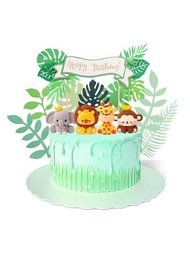 12入組叢林動物蛋糕裝飾，配有大象、長頸鹿、獅子、猴子、閃閃發亮的熱帶葉子，可愛的叢林動物蛋糕裝飾，適用於叢林主題派對、嬰兒派對和兒童生日派對