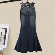 Bộ Ba Mảnh Váy Denim Mùa Thu Cho Nữ Áo Len Cardigan Hở Vai Thời Trang Thanh Lịch Váy Đuôi Cá Thon Gọ