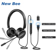 New Bee H360 3.5mm jack&amp;USB หูฟังหูฟังครอบหูหูฟังมีไมค์ หูฟังโทรศัพท์ ลดเสียงรบกวน น้ำหนักเบาสบายสพับเก็บเองได้for Mac Zoom Skype YouTube Study Call Center Headphone