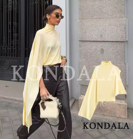 KONDALA Elegant High Neck Asymmetrical Tops Women's High Street Yellow Tops New 2026 Summer Fashion 