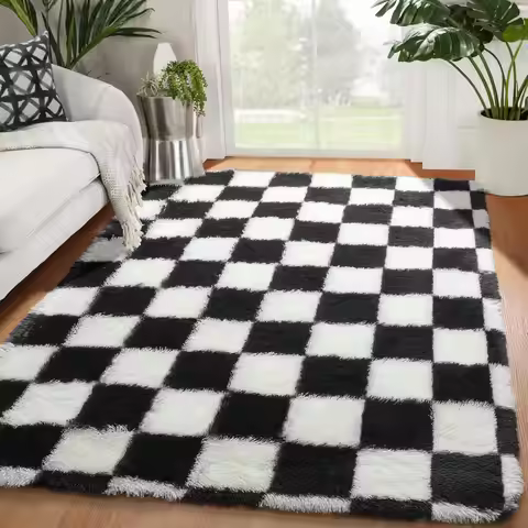 Soft Fluffy Checkered Rug 4x6 ft, Black White Shaggy Carpet for Bedroom Living Room, Indoor Plush Fl