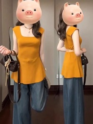 Áo Thun Dệt Kim Không Tay Màu Xanh Klein Cổ Vuông Hở Lưng Gợi Cảm Mùa Hè Cho Nữ Áo Vest Bó Eo Chất L