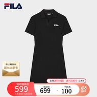 FILA 斐乐官方女子针织连衣裙2024夏新款时尚修身POLO领短袖裙子 正黑色-BK 170/88A/L