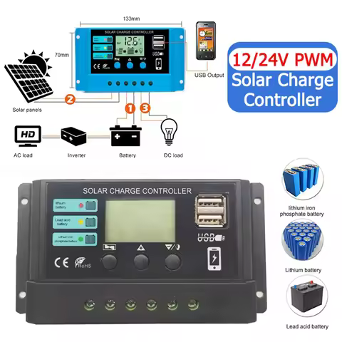 10A 20A 30A Solar Charge Controller 12V 24V Solar Panel PV Controller for Lifepo4 Lithium GEL Lead A