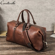 CONTACTS Genuine Leather Men Travel Bag Tote Bag Zipper Pocket Male Shoulder Bags