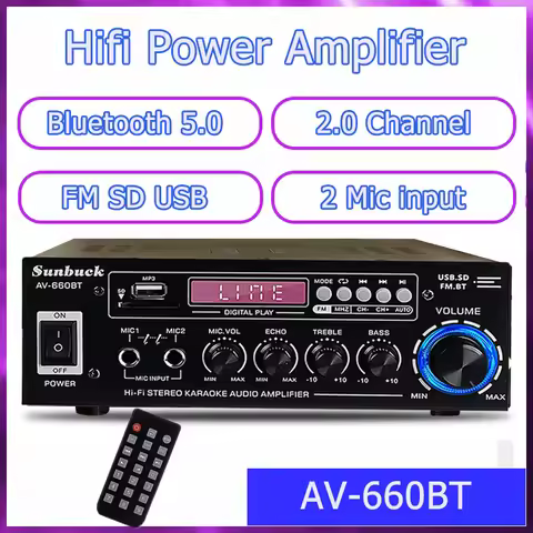 SUNBUCK 660BT Power Amplifiers 110V/220V Bluetooth Sound Amplifier 2.0 Channel For Home Car Meeting 
