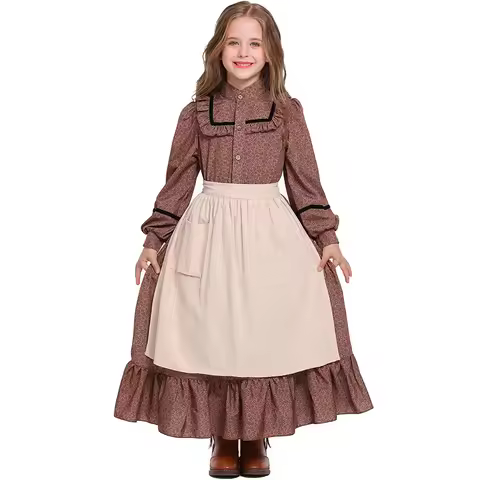 Girls Historical American Colonial Costume Little House Victorian Medieval Dress Brown Floral Hallow