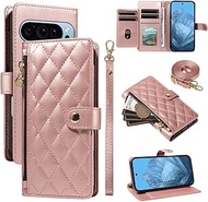 Compatible with Google Pixel 8 Pro (Color: Rose Gold) Crossbody Strap Zip Wallet Leather Flip Back C
